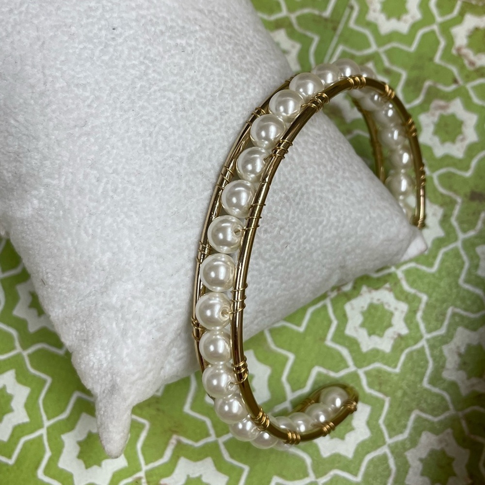 INC Gold-Tone Imitation Pearl Cuff Bracelet. Adjustable. Wire wrapped.Macy's NWT - Picture 3 of 12